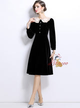 Retro Slim Waist Velvet Long Sleeve Dress