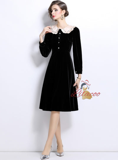 Retro Slim Waist Velvet Long Sleeve Dress