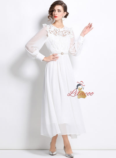 Lace Stitching Chiffon Long Sleeve Dress