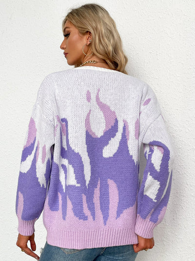 Medium and Long Round Neck Printed Loose Sweater