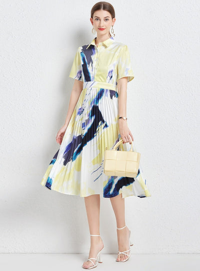 Abstract Printed Pleated Shirt Dress