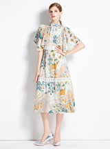 Lotus Leaf Sleeve Slim Waist Print Dress