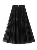 Drawstring High Waist Mesh Pleated Skirt