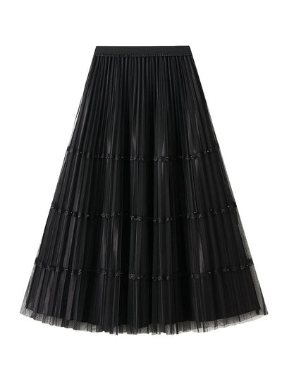 Nail Bead Stitching Pleated Mesh Skirt