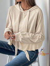 Drawstring Hooded Ruffled Pocket Solid Color Top