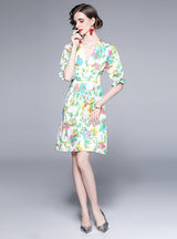 Printed V-neck Short Sleeve Slim Dress