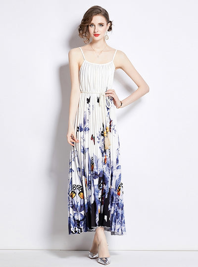 Printed Pleated Straps Dress