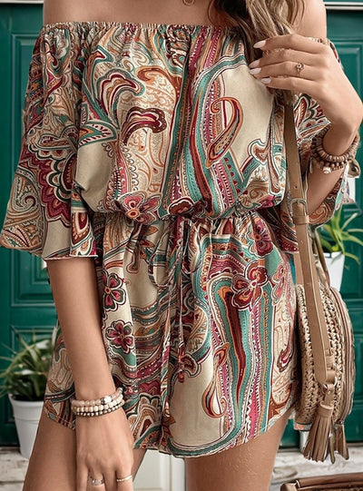 Off-the-shoulder National Wind Printed Jumpsuit