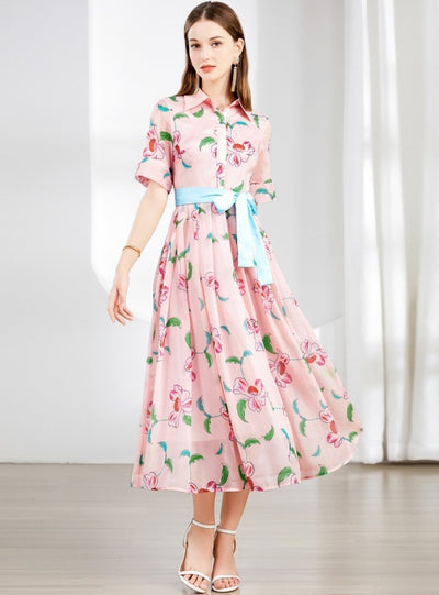 Short Sleeve Printed Lapel Dress With Belt