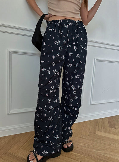 Small Floral Low Waist Drawstring Casual Pants