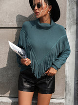 Loose Fringed Turtle Neck Sweater