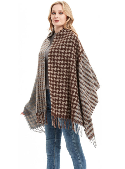 Brown Houndstooth Scarf Fringed Shawl