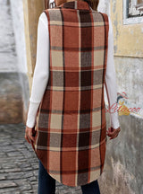 Sleeveless Lapel Jacket Long Plaid Vest