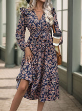 Long-sleeved Printed V-neck Dress