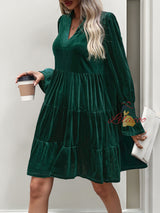 Long-sleeved V-neck Solid Color Velvet Dress