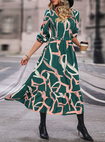 Printed Long-sleeved Pleats Dress