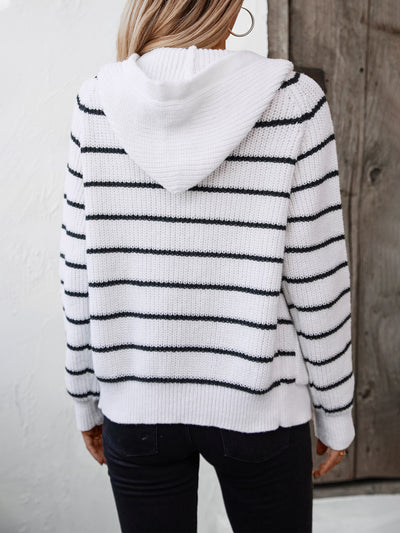 Hooded Striped Knit Cardigan Sweater