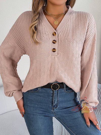 Casual Loose V-neck Button Lantern Sleeve Sweater