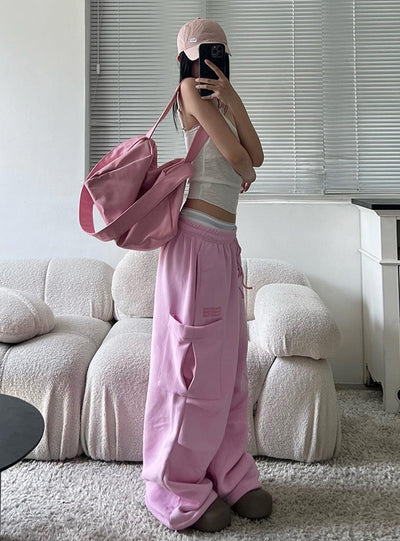 Pink Pocket Drawstring High Waist Pant