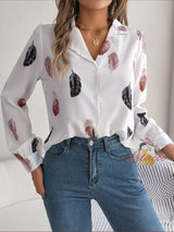 Feather Printed Suit Collar Long Sleeve Shirt