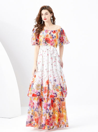 Off the Shoulder Flounced Holiday Printed Cake Dress