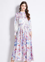 Satin Vintage Lantern Sleeve Printed Dress