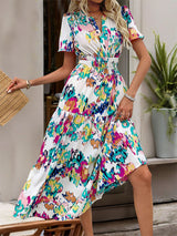 Medium-long Short-sleeved V-neck Printed Dress