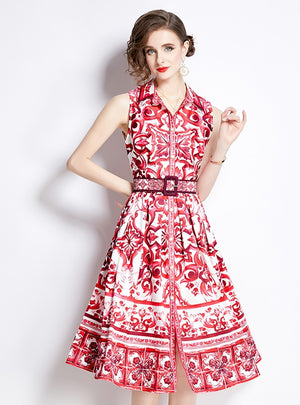 Retro Printed Slim Lapel Sleeveless Dress