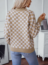 Loose Long Sleeve V-neck Plaid Sweater