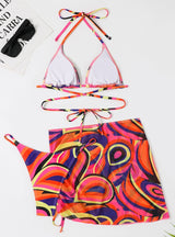 Split Three-piece Printed Lace-up Swimsuit