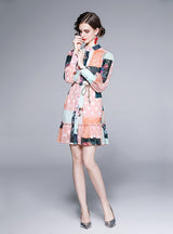 Retro Color Matching Printed Long-sleeved Dress