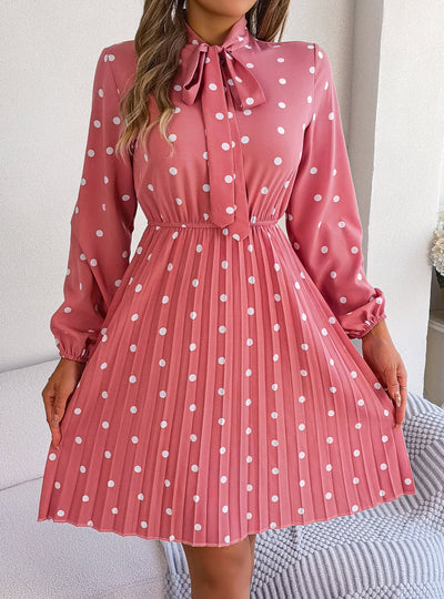 Polka-dot Long-sleeved Pleated Dress