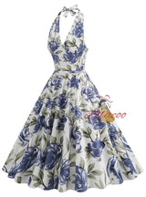 Printed Hepburn High Waist Halter Dress