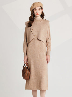 Semi-high Neck Knitted Vest+Long Sleeve Dress Two-piece Suit