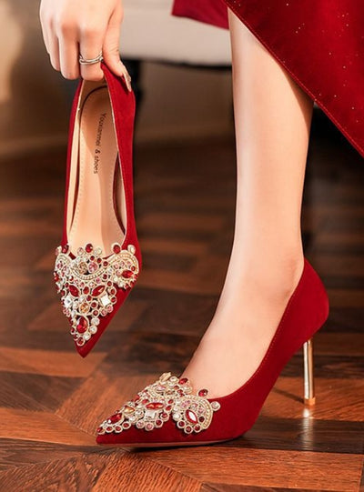 Red High Heels Stilettos Rhinestone Wedding Shoes