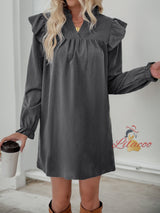 Solid Color Ruffled Long-sleeved Loose Dress