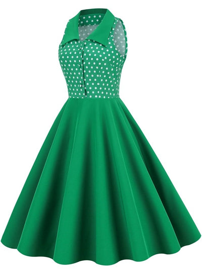 Lapel Sleeveless Polka Dot Green Retro Dress