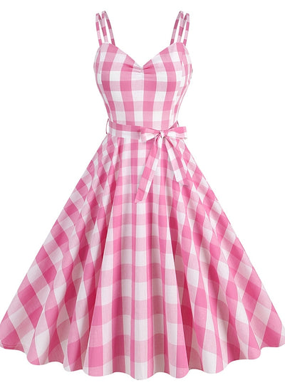 Retro Belt Pink Plaid Suspender Dress