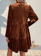 Women Long Sleeve Velvet Pleats Dress