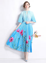 Beaded Printed Pleated Pearl Button Pleated Dress