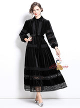 Retro Lace Velvet Long Sleeve Dress