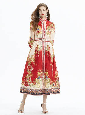 Retro Printed Long-sleeved Ruffled Dress