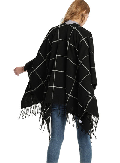 Large Plaid Fringed Split Shawl