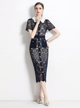 Dark Blue Lace Doll Collar Slim Dress