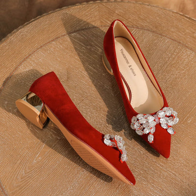 Thick Suede Bow Rhinestone Red Banquet Wedding Shoes