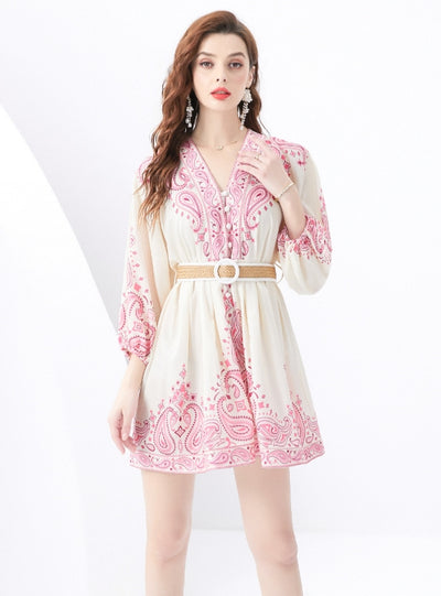 Palace Lantern Sleeve Printed Short Mini Dress