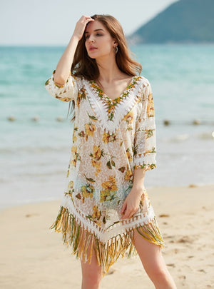 Floral Lace Fringed Irregular Beach Cover Up