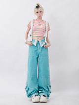 Lapel Blue High Waist Straight Wide-leg Jeans