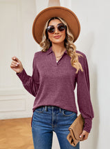 Lapel Long Sleeve Button Loose T-shirt