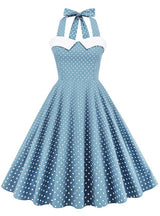 Retro Polka-dot Stitching Halter Big Swing Dress